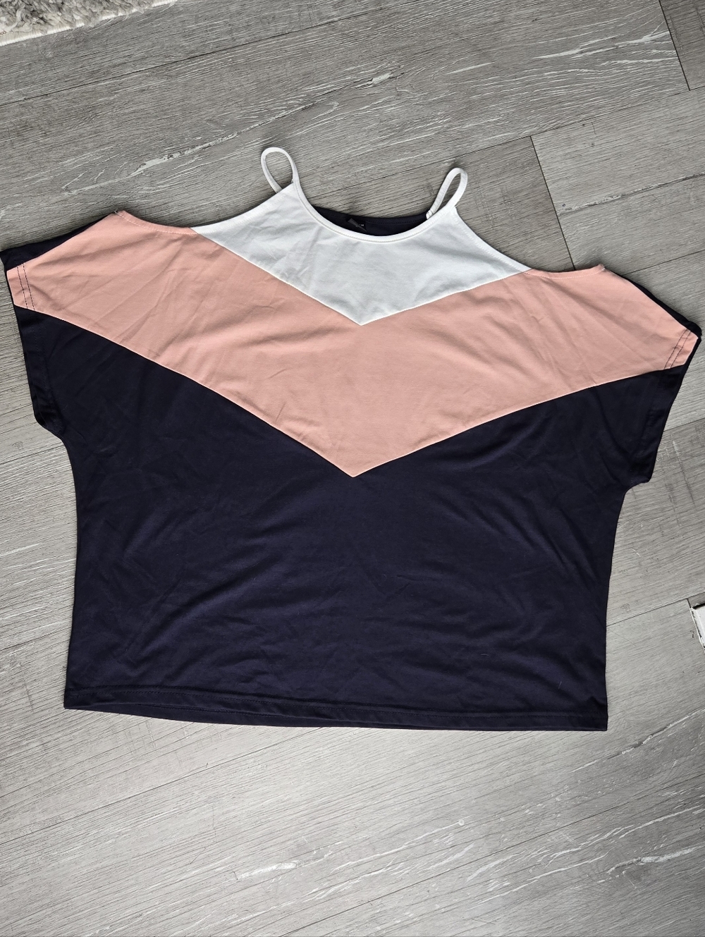 SHEIN Pink White & Navy Cold-Shoulder Colorblock Top